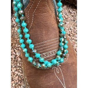TEAL Western Blue Faceted Shiny Rondelle Bead Necklace 59 in Long Strand Bling